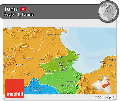 Physical 3D Map of Tunis, political outside