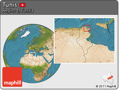 Satellite Location Map of Tunis, within the entire country
