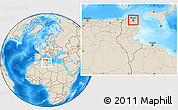 Shaded Relief Location Map of Tunis, within the entire country