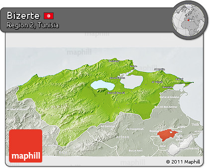 Physical 3D Map of Bizerte, lighten, semi-desaturated