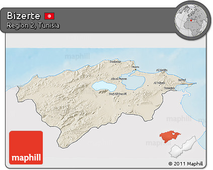 Shaded Relief 3D Map of Bizerte, single color outside