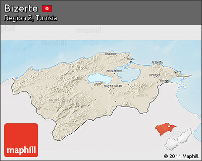 Shaded Relief 3D Map of Bizerte, single color outside