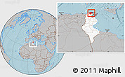 Gray Location Map of Bizerte, highlighted country, highlighted parent region, within the entire country, hill shading
