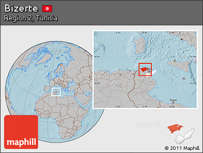Gray Location Map of Bizerte, highlighted parent region, hill shading