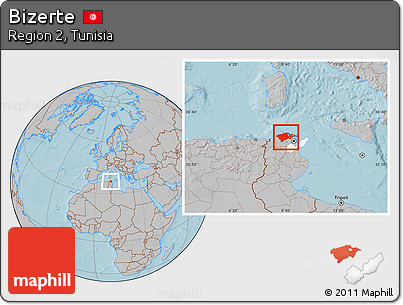 Gray Location Map of Bizerte, highlighted parent region, hill shading