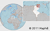 Gray Location Map of Nabul, highlighted country, highlighted parent region, within the entire country, hill shading