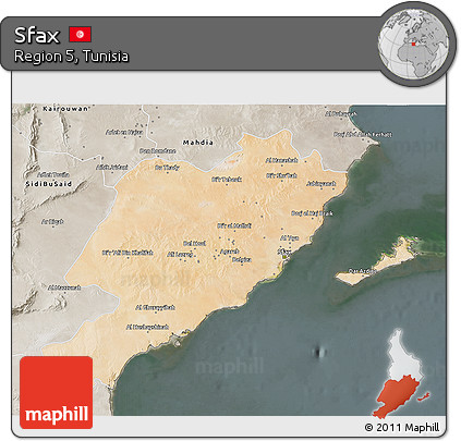 Satellite 3D Map of Sfax, semi-desaturated