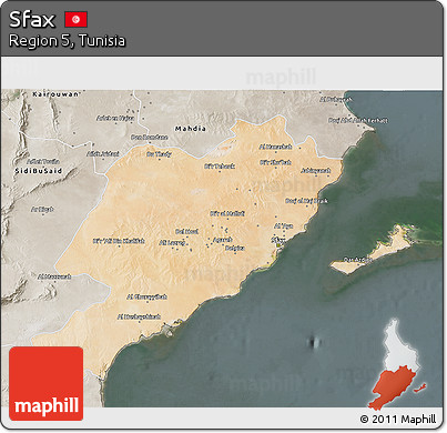 Satellite 3D Map of Sfax, semi-desaturated