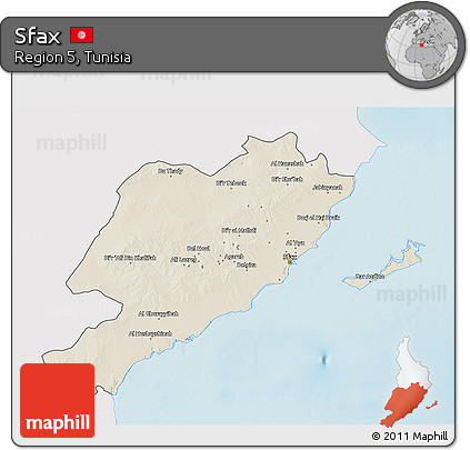 Shaded Relief 3D Map of Sfax, single color outside