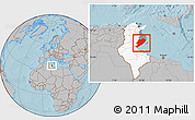 Gray Location Map of Sfax, highlighted country, highlighted parent region, hill shading