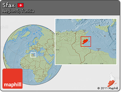 Savanna Style Location Map of Sfax, hill shading