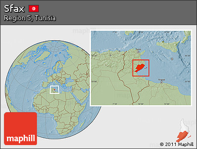 Savanna Style Location Map of Sfax, hill shading