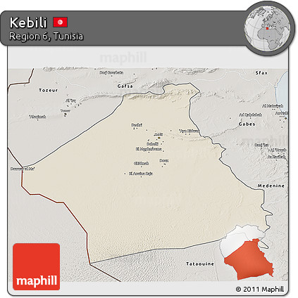 Shaded Relief 3D Map of Kebili, semi-desaturated