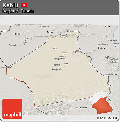 Shaded Relief 3D Map of Kebili, semi-desaturated