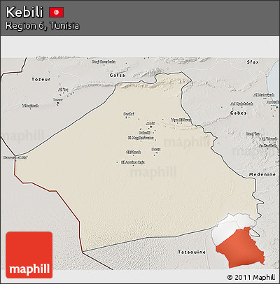 Shaded Relief 3D Map of Kebili, semi-desaturated