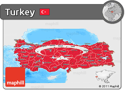 Flag 3D Map of Turkey, single color outside, bathymetry sea, flag rotated