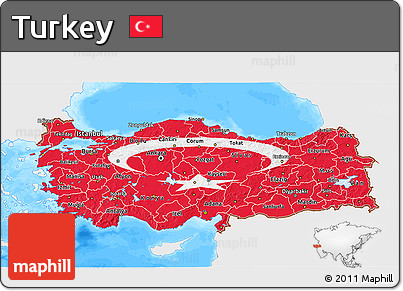 Flag 3D Map of Turkey, single color outside, bathymetry sea, flag rotated