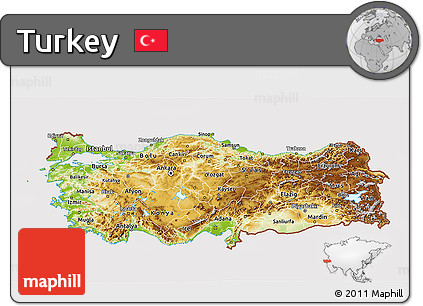 Physical 3D Map of Turkey, cropped outside