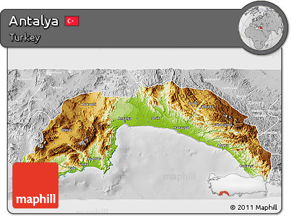 Physical 3D Map of Antalya, lighten, desaturated
