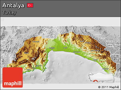 Physical 3D Map of Antalya, lighten, desaturated