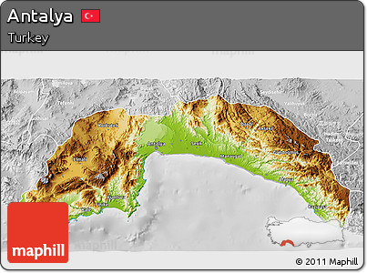 Physical 3D Map of Antalya, lighten, desaturated