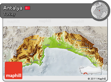 Physical 3D Map of Antalya, lighten, semi-desaturated