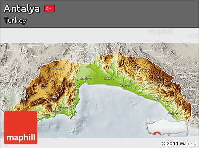 Physical 3D Map of Antalya, lighten, semi-desaturated