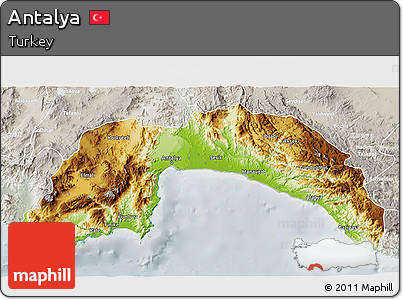 Physical 3D Map of Antalya, lighten, semi-desaturated
