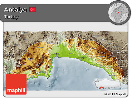 Physical 3D Map of Antalya, semi-desaturated