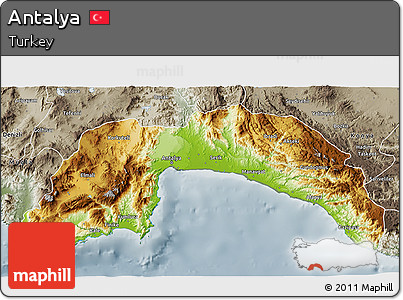 Physical 3D Map of Antalya, semi-desaturated