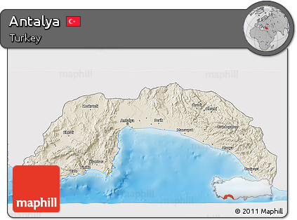 Shaded Relief 3D Map of Antalya, single color outside