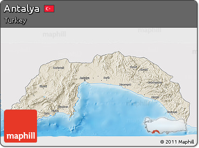 Shaded Relief 3D Map of Antalya, single color outside
