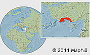 Savanna Style Location Map of Antalya, hill shading