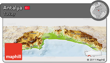 Physical Panoramic Map of Antalya, lighten