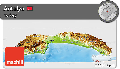 Physical Panoramic Map of Antalya, single color outside