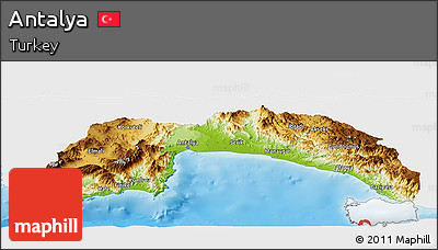 Physical Panoramic Map of Antalya, single color outside