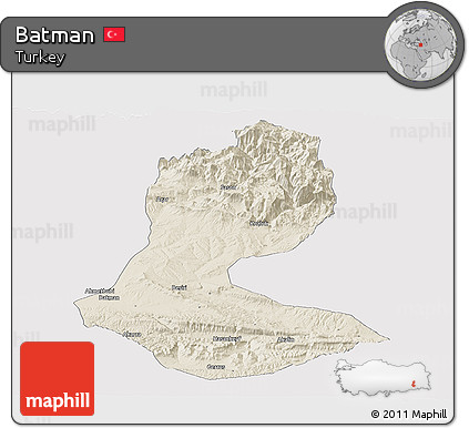 Shaded Relief Panoramic Map of Batman, single color outside