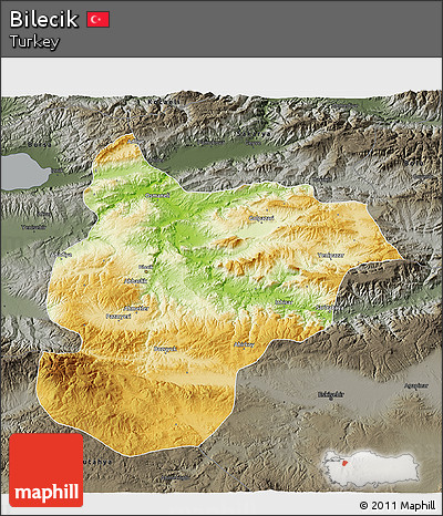Physical 3D Map of Bilecik, darken, semi-desaturated