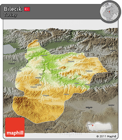 Physical 3D Map of Bilecik, darken, semi-desaturated