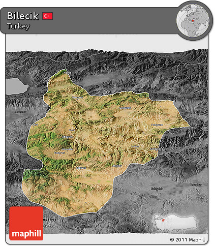 Satellite 3D Map of Bilecik, darken, desaturated