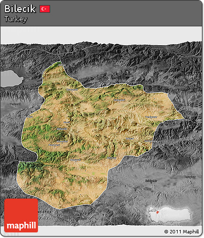 Satellite 3D Map of Bilecik, darken, desaturated
