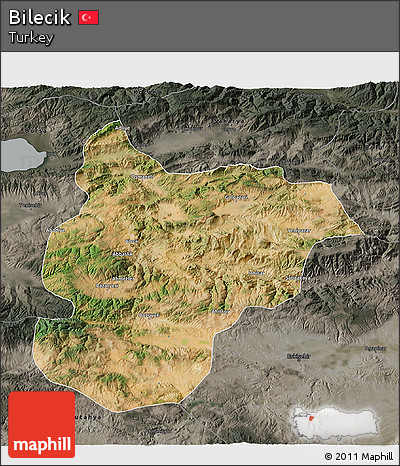Satellite 3D Map of Bilecik, darken, semi-desaturated
