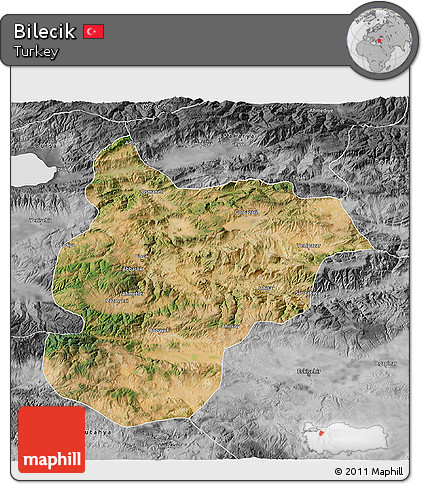 Satellite 3D Map of Bilecik, desaturated