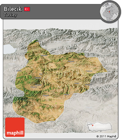 Satellite 3D Map of Bilecik, lighten, semi-desaturated