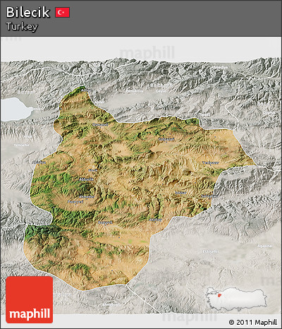 Satellite 3D Map of Bilecik, lighten, semi-desaturated