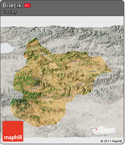 Satellite 3D Map of Bilecik, lighten, semi-desaturated