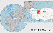 Gray Location Map of Bilecik, highlighted country, hill shading