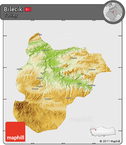 Physical Map of Bilecik, single color outside