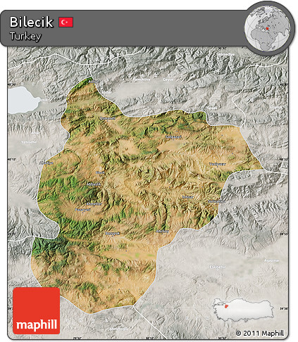 Satellite Map of Bilecik, lighten, semi-desaturated