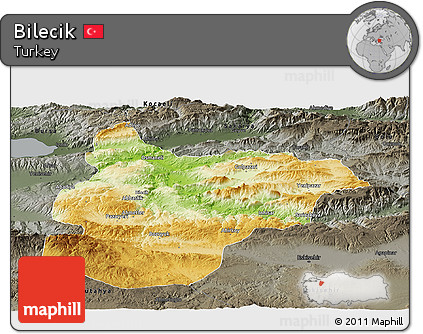 Physical Panoramic Map of Bilecik, darken, semi-desaturated